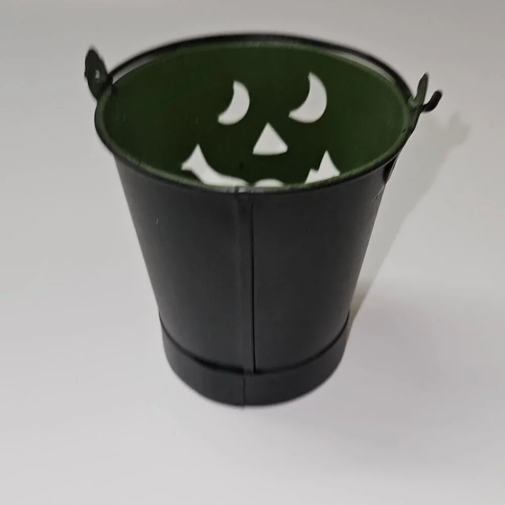 2 Black Metal Buckets Jack-O-Lantern Halloween Candle Holders Small 3